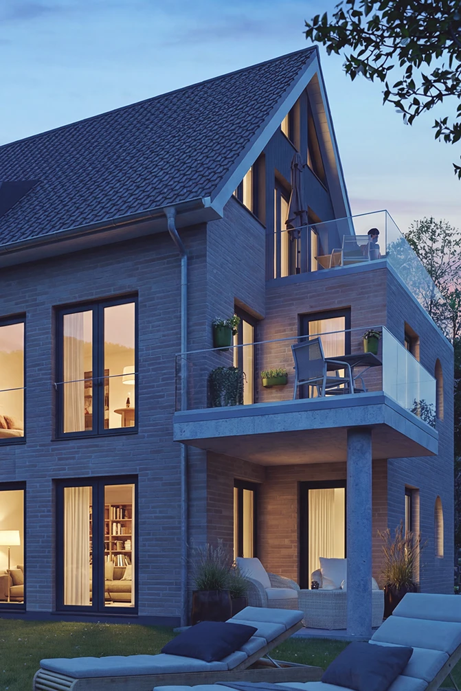 Architekturvisualisierung von PURE3D: Wohnhaus zur blauen Stunde