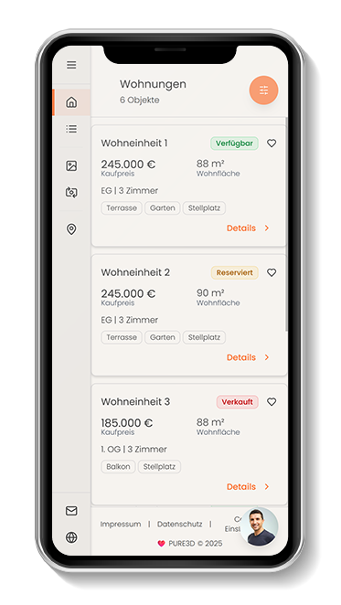 Flatfinder auf dem Smartphone mit Wohnungsliste, Preisen und Verfügbarkeiten