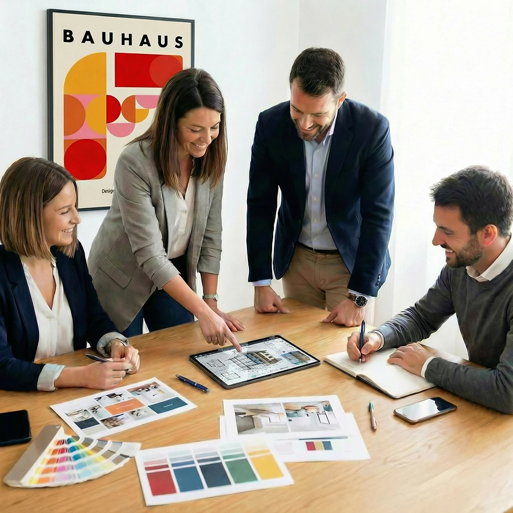 Agenturteam bei der Arbeit an Gestaltungsentwürfen
