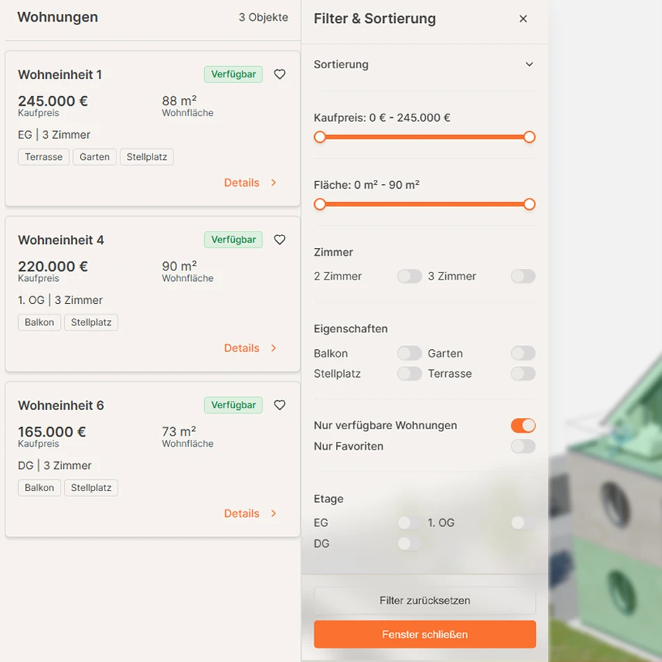 Wohnungsliste mit Filtern für Preis, Fläche und Ausstattung