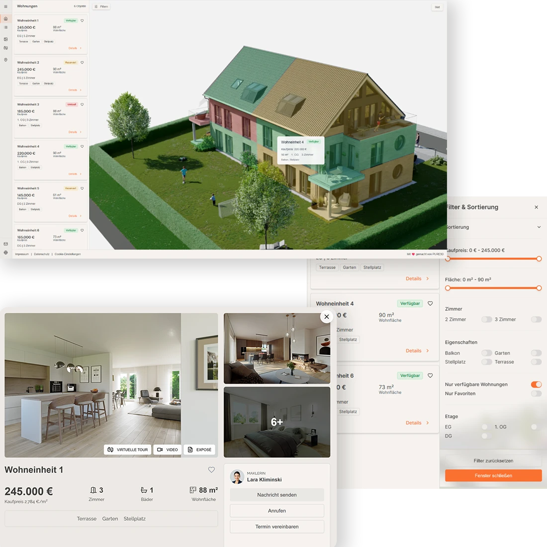 Flatfinder-Oberfläche mit Gebäudeansicht, Wohnungsliste, Filter und Wohnungsdetails