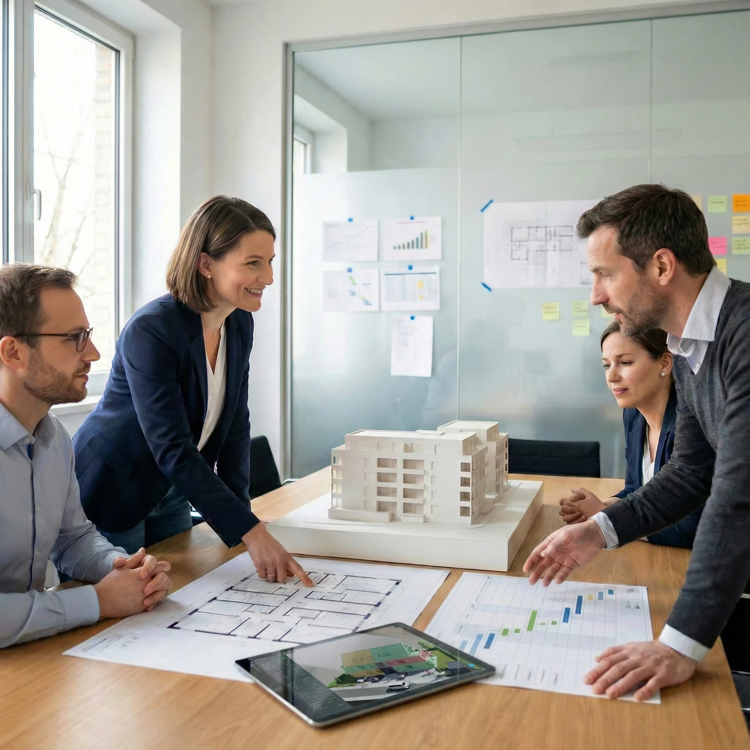 Besprechung mit Projektbeteiligten am Architekturmodell