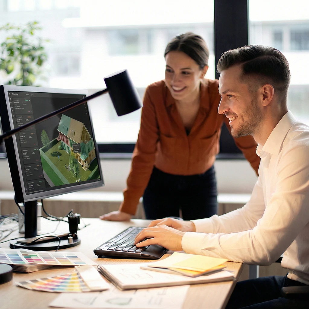 Abstimmung eines Immobilien-Projektauftritts mit dem Flatfinder am Bildschirm