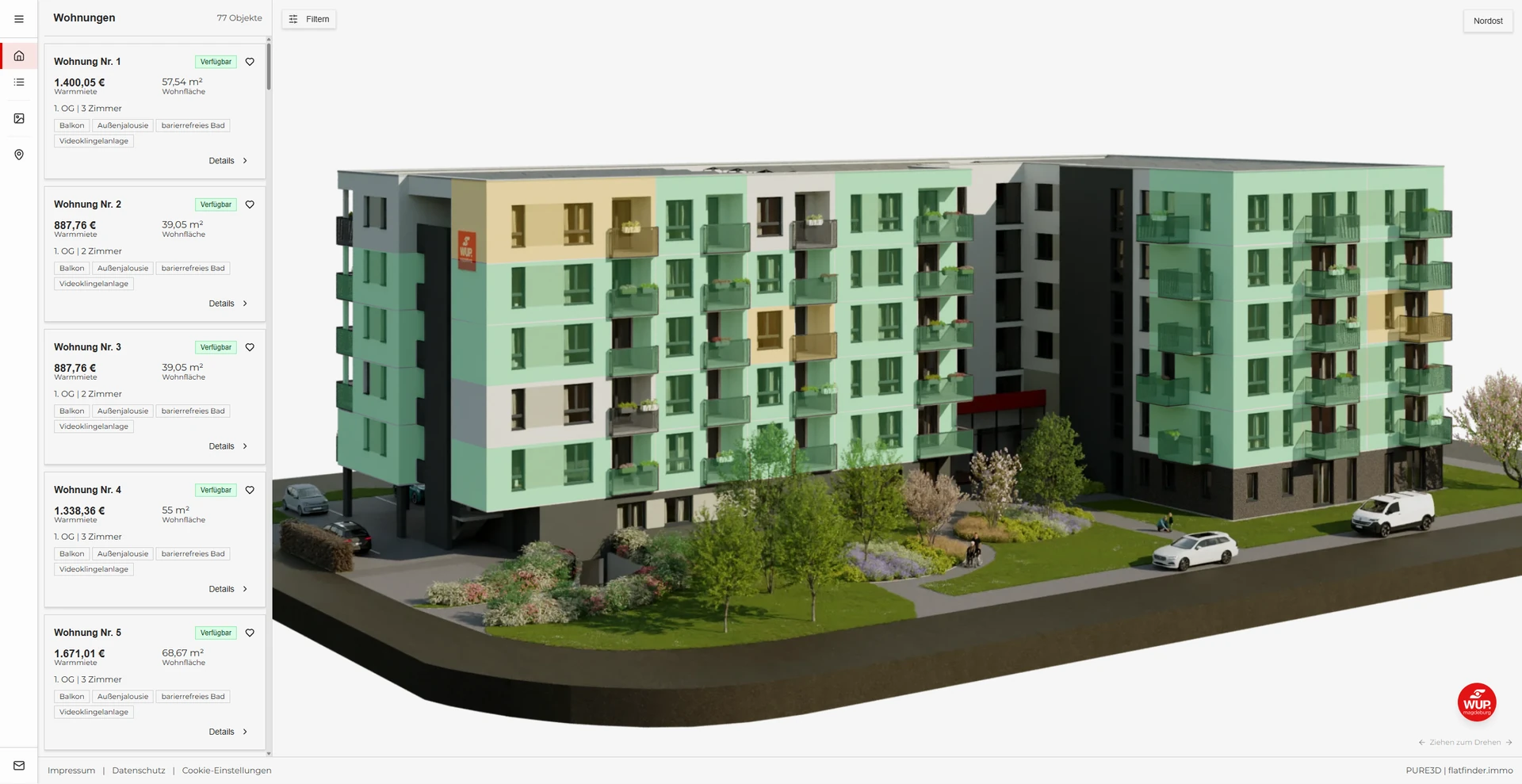 Flatfinder von WUP Wohnen Reform mit interaktiver Gebäudeansicht und Wohnungsliste