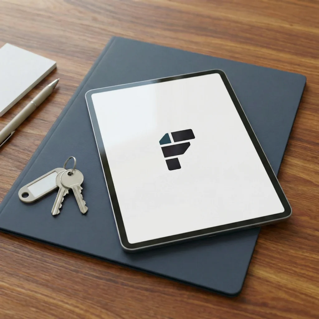 Maklermappe mit Schlüssel und Flatfinder App